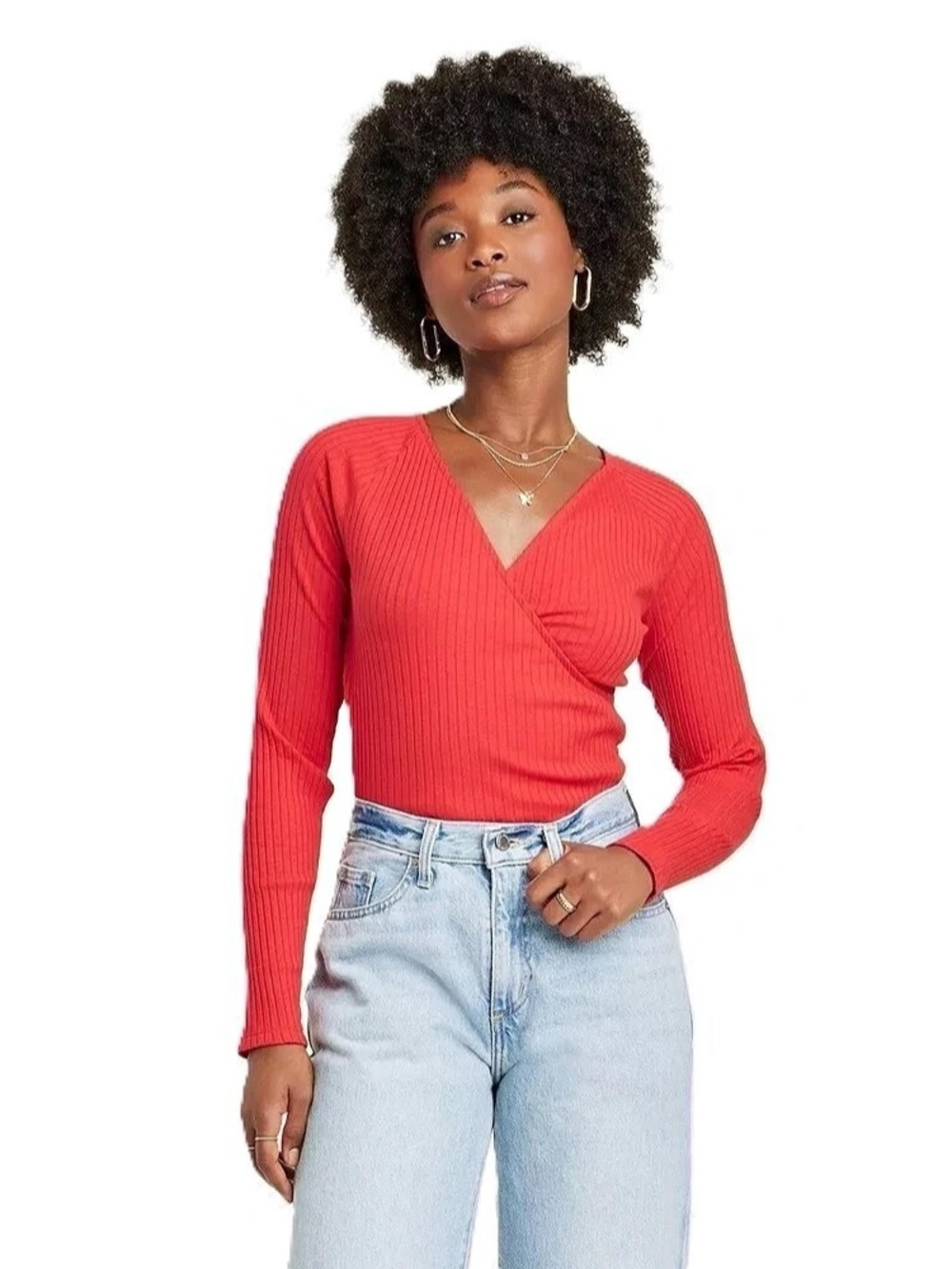 Universal Thread Ribbed Wrap-Front Long Sleeve Top Red Large